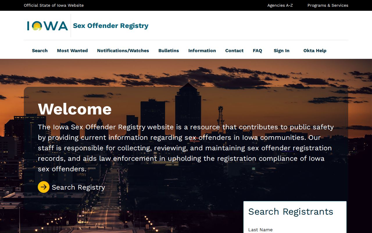 Decatur County sex offender search on the Iowa registry home screen