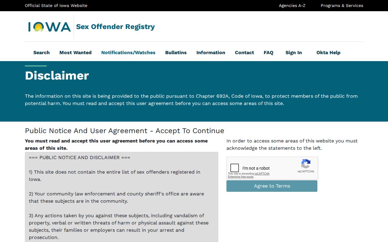 Iowa registry user agreement for a Decatur County sex offender check